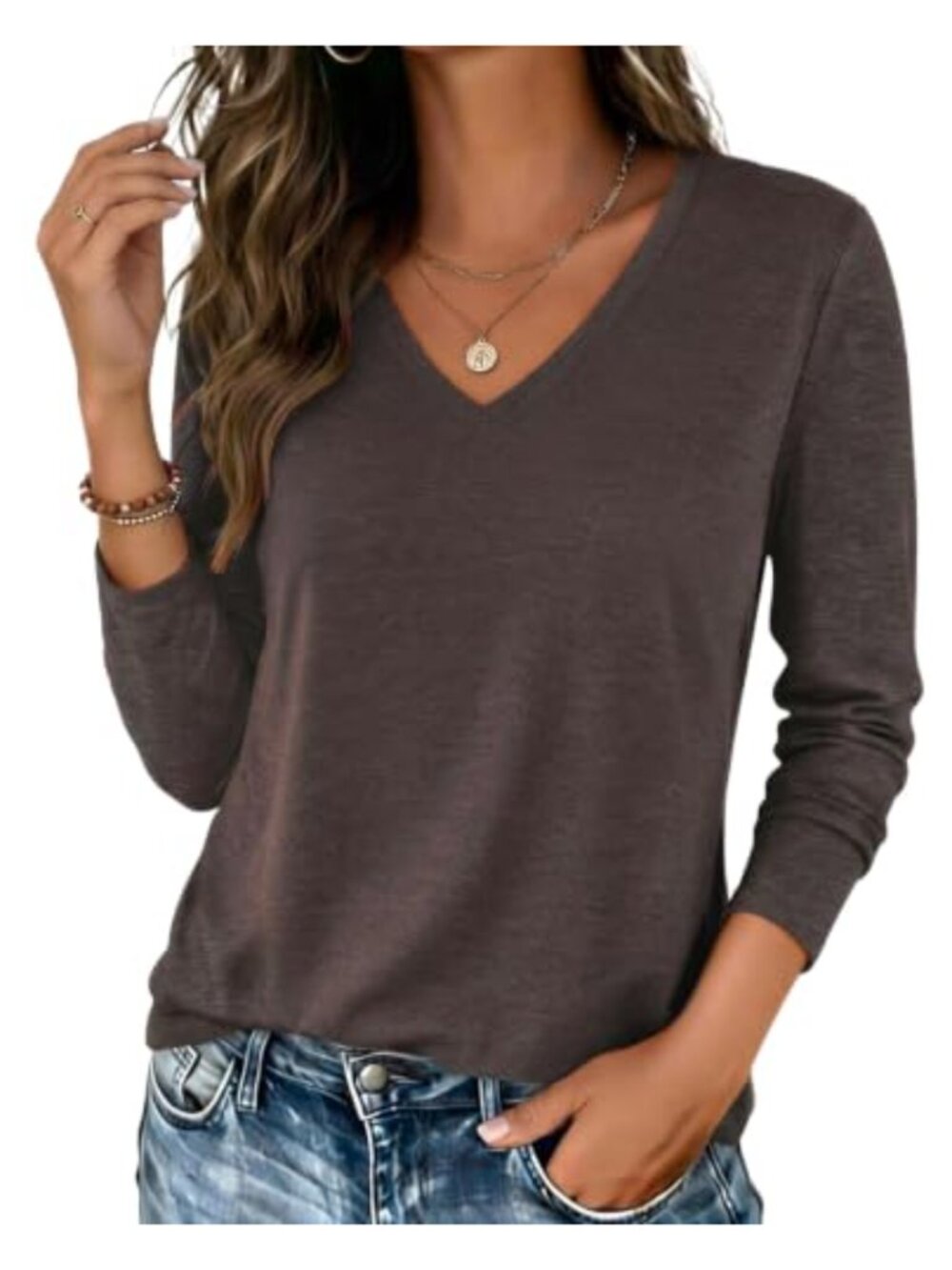 Women's Long Sleeve V Neck Loose Fit Casual T-Shirt Top